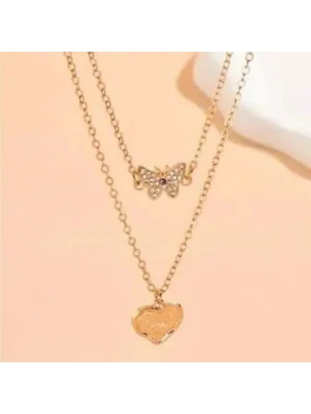 Gold Crystal Butterfly Heart Layered Necklace